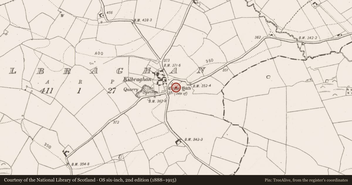 Ordnance Survey six-inch map, 2nd edition (1888–1915) covering the location of Ecclesiastical enclosure, Kilbraghan, County Kilkenny, with a pin at the register's coordinates