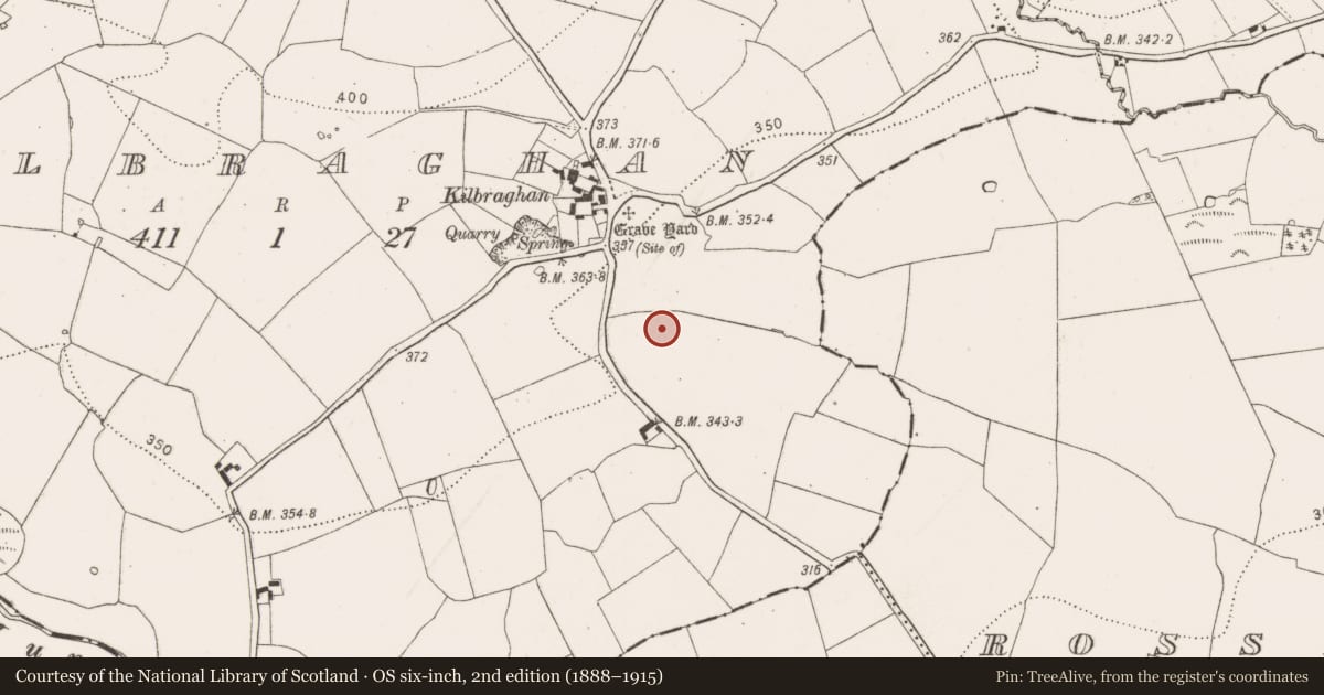 Ordnance Survey six-inch map, 2nd edition (1888–1915) covering the location of Ring-ditch, Kilbraghan, County Kilkenny, with a pin at the register's coordinates