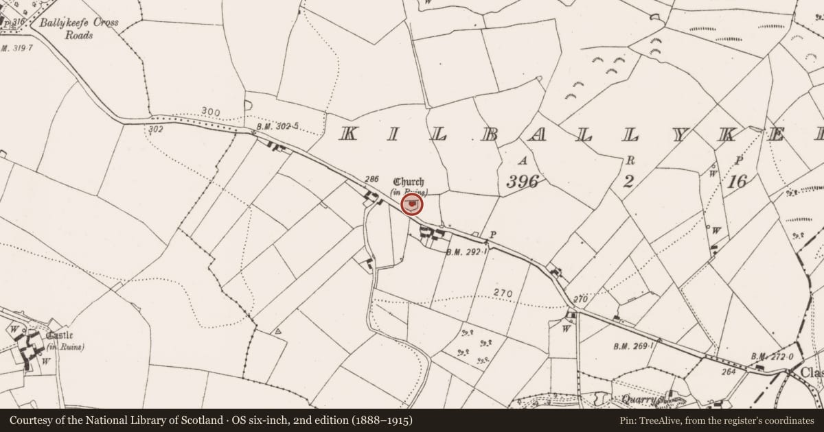 Ordnance Survey six-inch map, 2nd edition (1888–1915) covering the location of Church, Kilballykeefe, County Kilkenny, with a pin at the register's coordinates