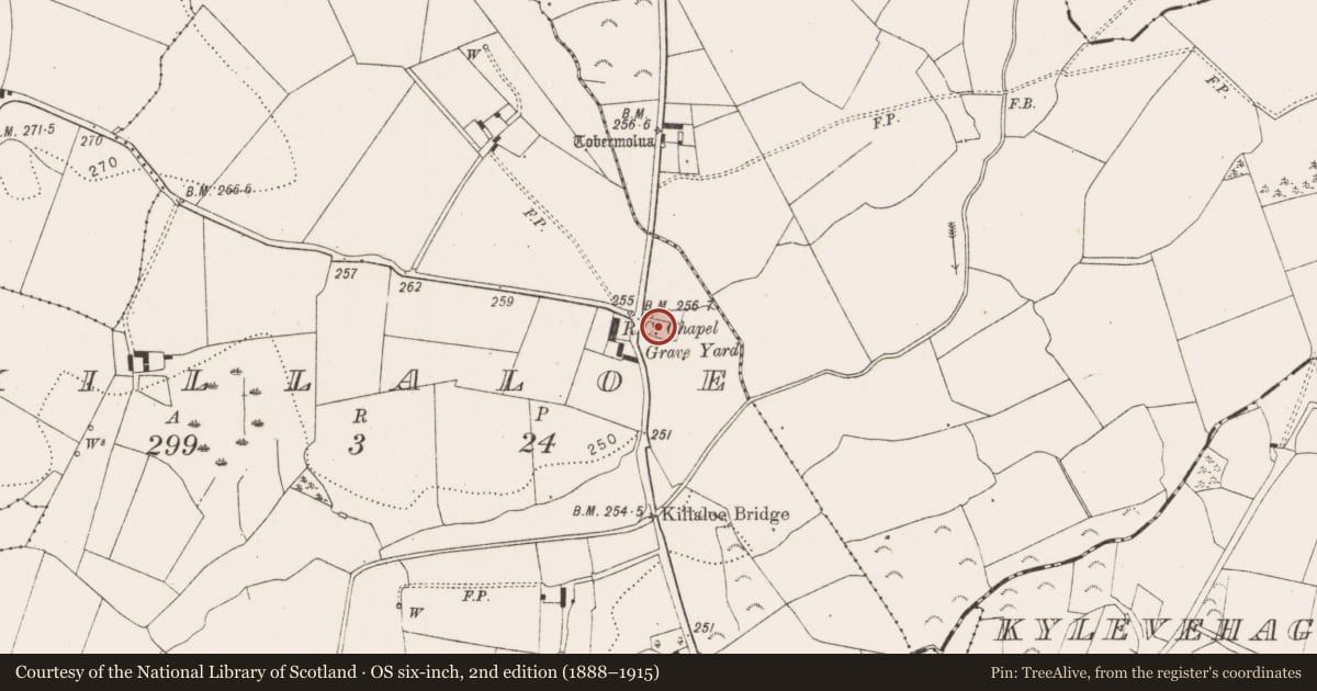 Ordnance Survey six-inch map, 2nd edition (1888–1915) covering the location of Graveyard, Killaloe, County Kilkenny, with a pin at the register's coordinates