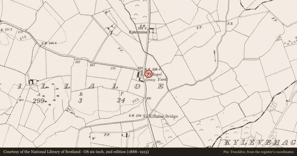 Ordnance Survey six-inch map, 2nd edition (1888–1915) covering the location of Church, Killaloe, County Kilkenny, with a pin at the register's coordinates