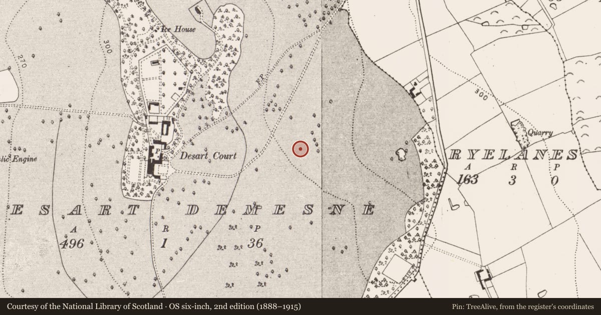 Ordnance Survey six-inch map, 2nd edition (1888–1915) covering the location of Ritual site - holy well, Desart Demesne, County Kilkenny, with a pin at the register's coordinates