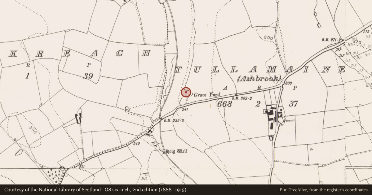 Ordnance Survey six-inch map, 2nd edition (1888–1915) covering the location of Church, Tullamaine (Ashbrook), County Kilkenny, with a pin at the register's coordinates