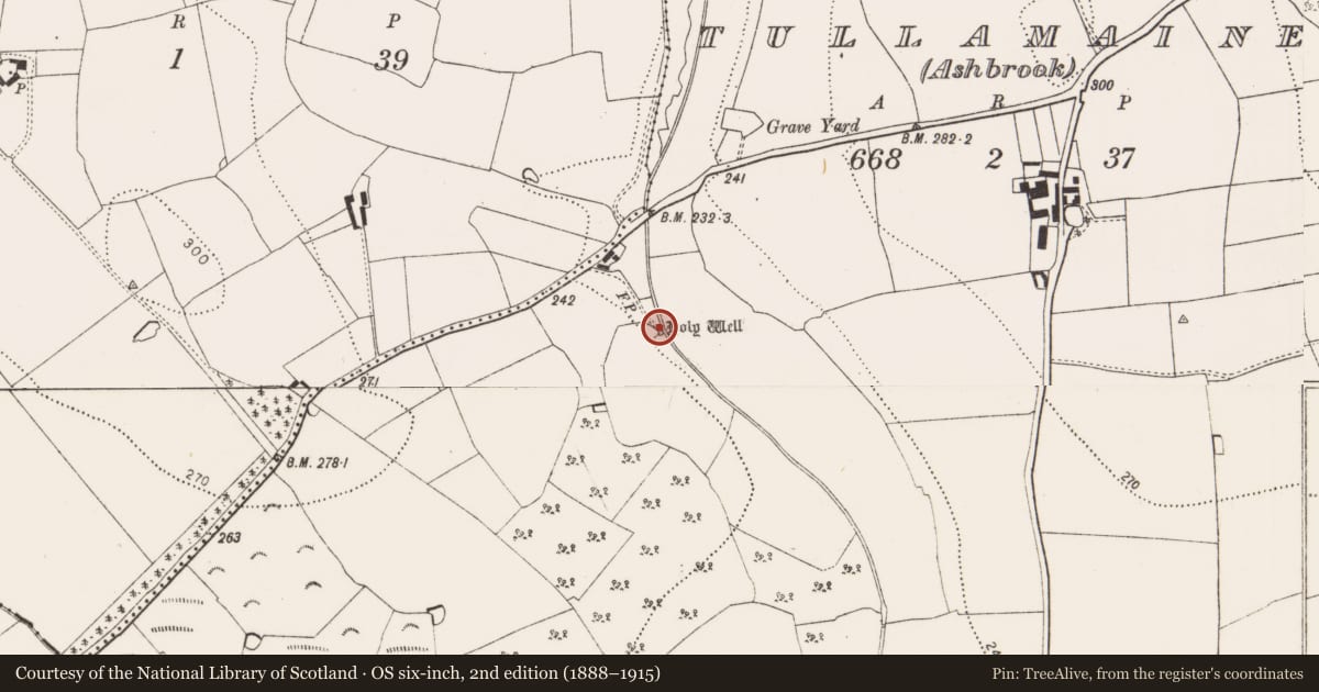 Ordnance Survey six-inch map, 2nd edition (1888–1915) covering the location of Ritual site - holy well, Tullamaine (Ashbrook), County Kilkenny, with a pin at the register's coordinates