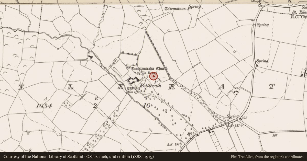 Ordnance Survey six-inch map, 2nd edition (1888–1915) covering the location of Dovecote, Pottlerath, County Kilkenny, with a pin at the register's coordinates
