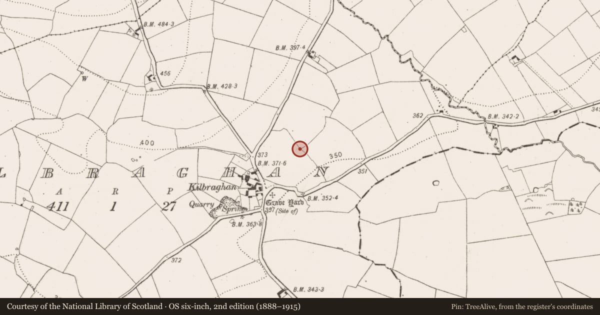 Ordnance Survey six-inch map, 2nd edition (1888–1915) covering the location of Ritual site - holy well, Kilbraghan, County Kilkenny, with a pin at the register's coordinates
