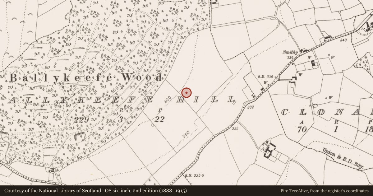 Ordnance Survey six-inch map, 2nd edition (1888–1915) covering the location of Enclosure, Ballykeefe Hill, County Kilkenny, with a pin at the register's coordinates