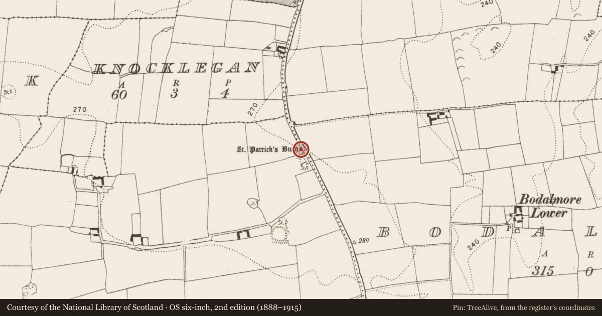 Ordnance Survey six-inch map, 2nd edition (1888–1915) covering the location of Church, Kilmog Or Racecourse, County Kilkenny, with a pin at the register's coordinates