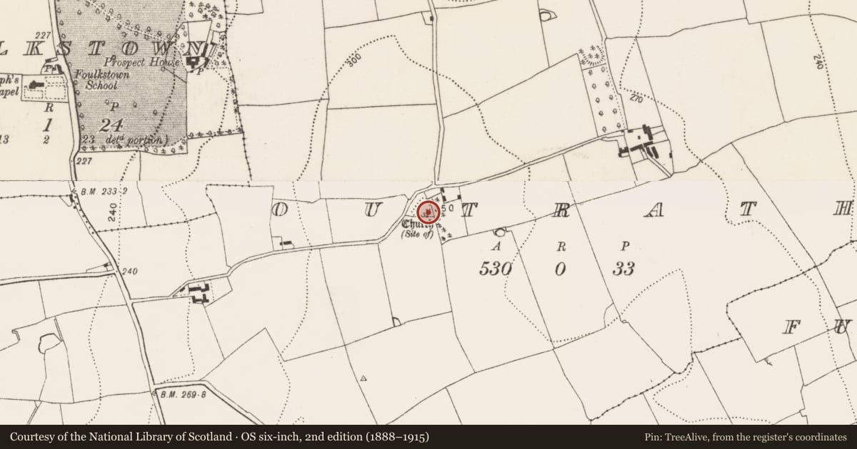 Ordnance Survey six-inch map, 2nd edition (1888–1915) covering the location of Church, Outrath, County Kilkenny, with a pin at the register's coordinates