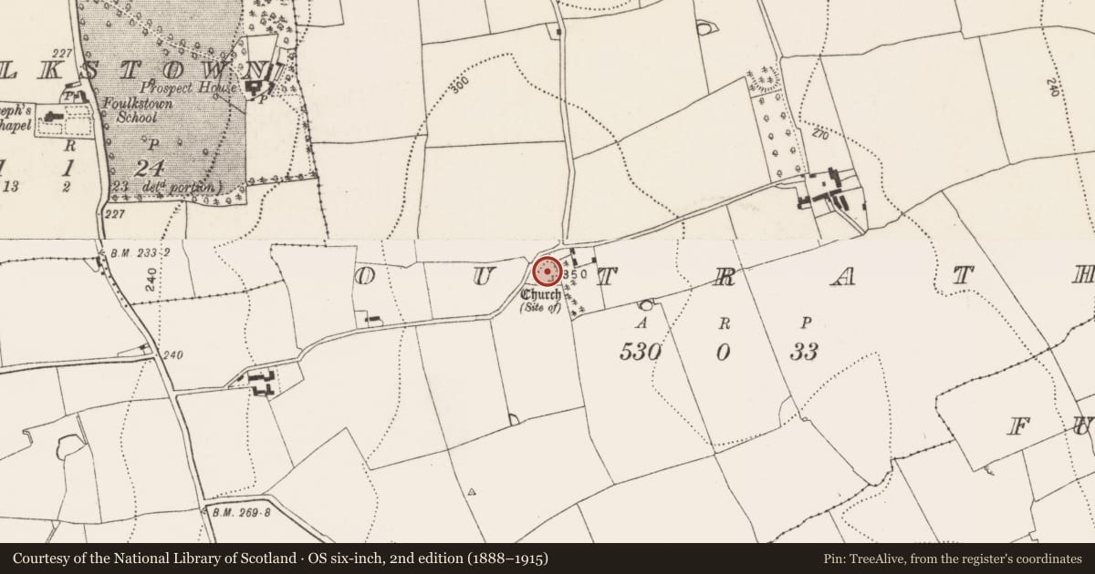 Ordnance Survey six-inch map, 2nd edition (1888–1915) covering the location of Graveyard, Outrath, County Kilkenny, with a pin at the register's coordinates