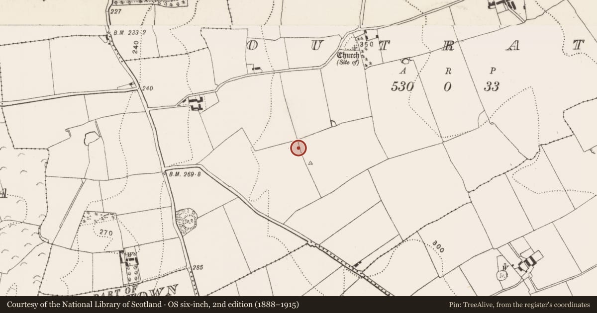 Ordnance Survey six-inch map, 2nd edition (1888–1915) covering the location of Enclosure, Outrath, County Kilkenny, with a pin at the register's coordinates