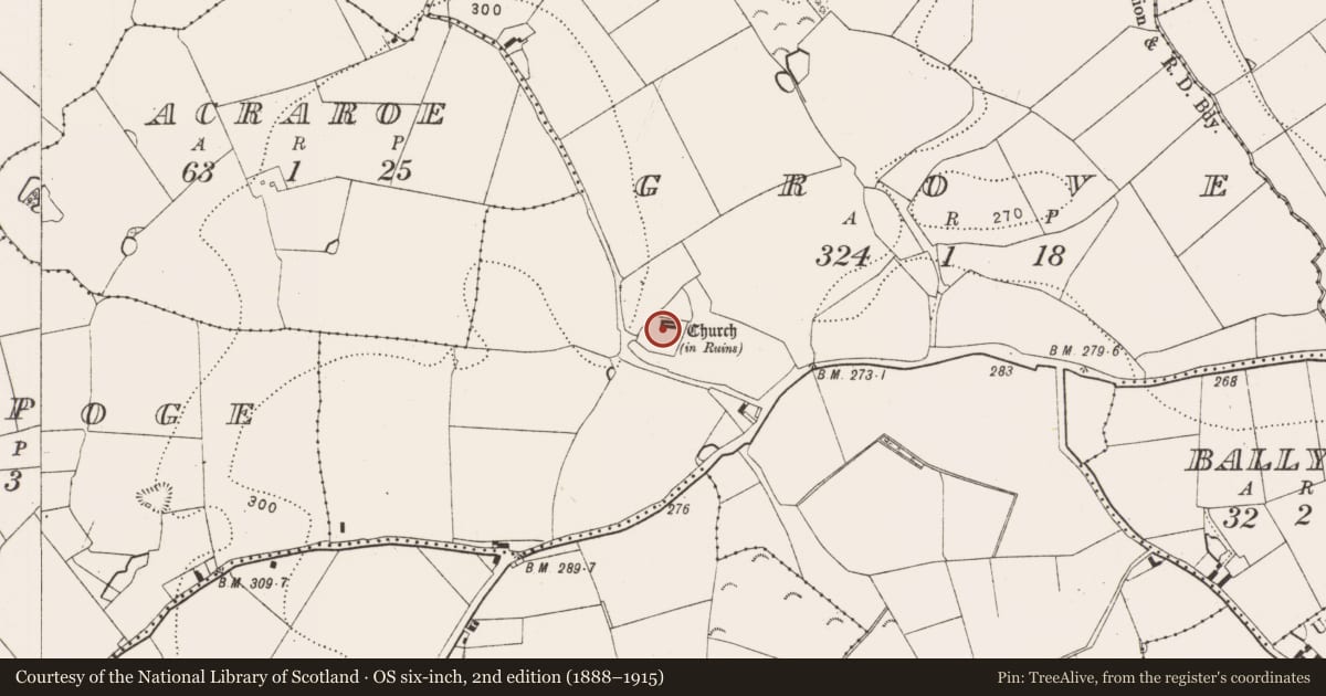 Ordnance Survey six-inch map, 2nd edition (1888–1915) covering the location of Graveyard, Grove, County Kilkenny, with a pin at the register's coordinates
