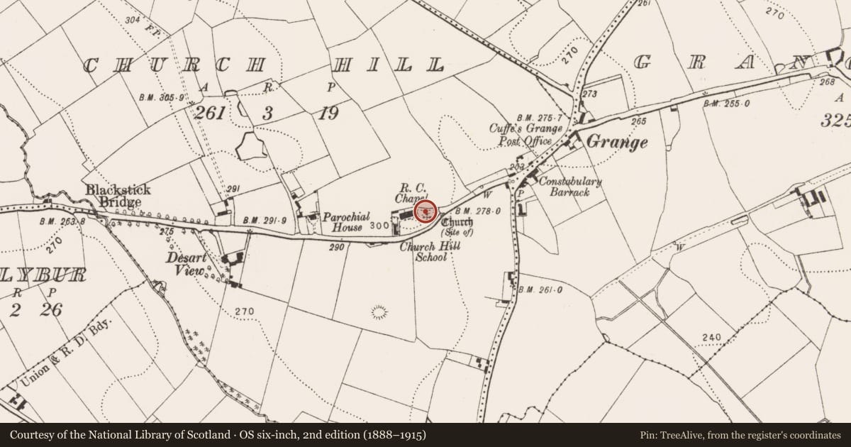 Ordnance Survey six-inch map, 2nd edition (1888–1915) covering the location of Church, Church Hill, County Kilkenny, with a pin at the register's coordinates