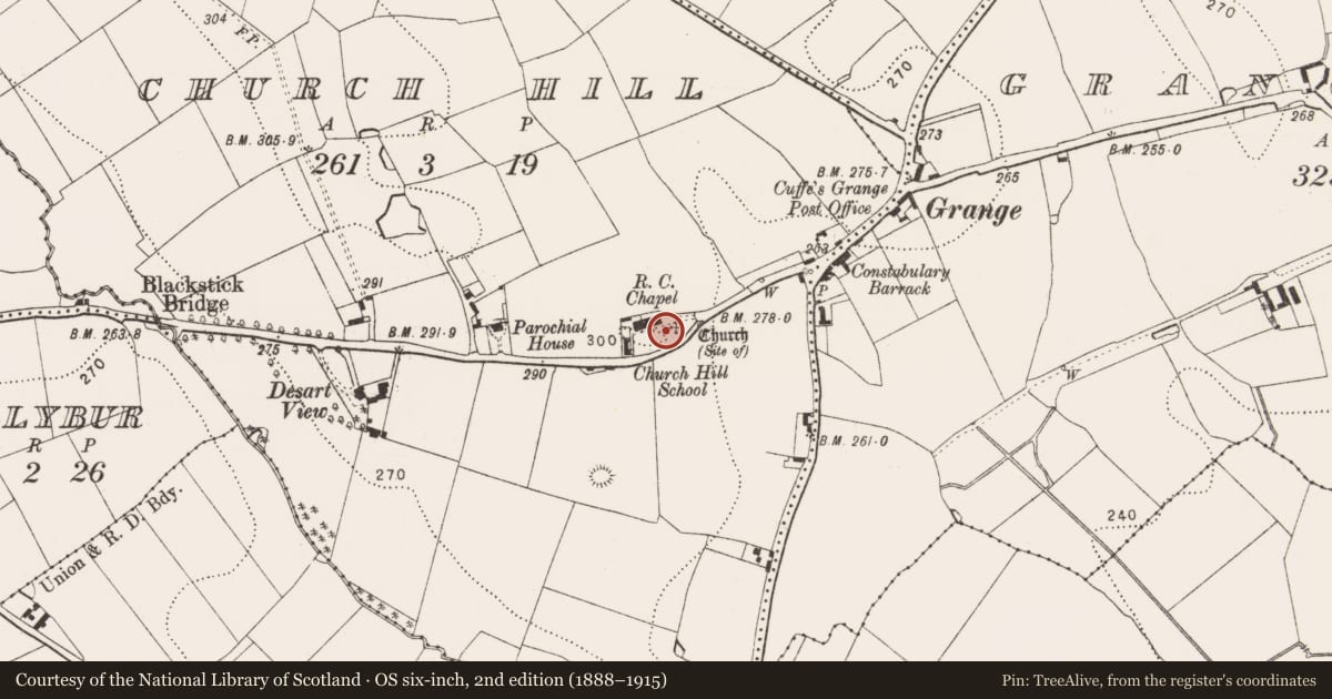 Ordnance Survey six-inch map, 2nd edition (1888–1915) covering the location of Graveyard, Church Hill, County Kilkenny, with a pin at the register's coordinates