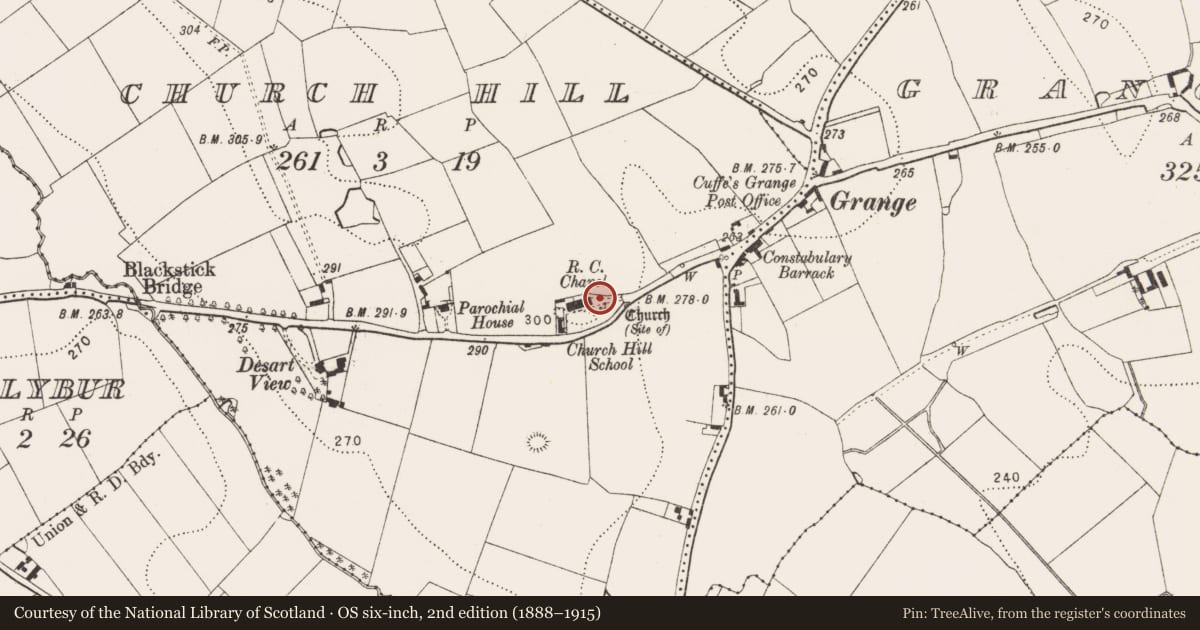 Ordnance Survey six-inch map, 2nd edition (1888–1915) covering the location of Architectural feature, Church Hill, County Kilkenny, with a pin at the register's coordinates