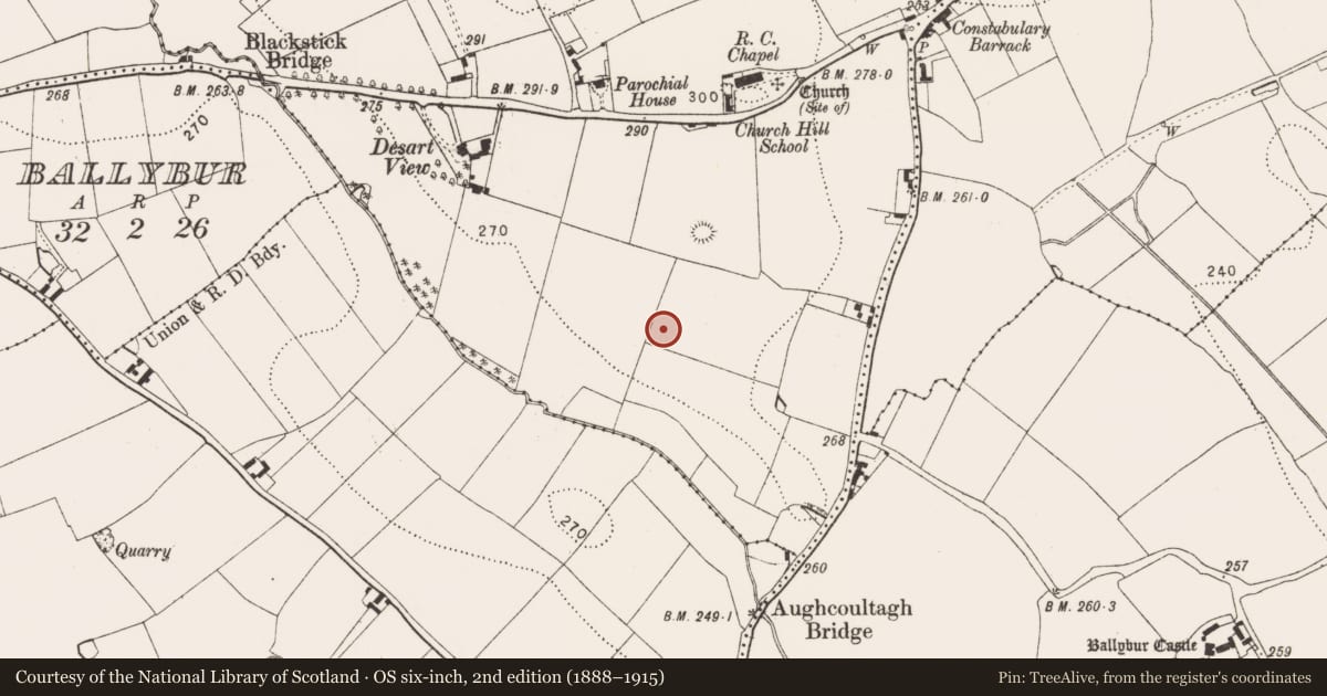 Ordnance Survey six-inch map, 2nd edition (1888–1915) covering the location of Enclosure, Church Hill, County Kilkenny, with a pin at the register's coordinates