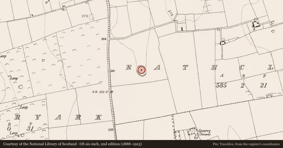 Ordnance Survey six-inch map, 2nd edition (1888–1915) covering the location of Enclosure, Rathclogh, County Kilkenny, with a pin at the register's coordinates