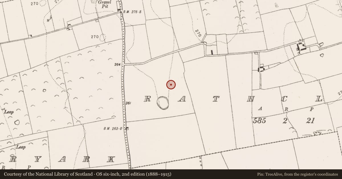 Ordnance Survey six-inch map, 2nd edition (1888–1915) covering the location of Enclosure, Rathclogh, County Kilkenny, with a pin at the register's coordinates