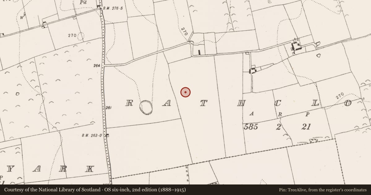 Ordnance Survey six-inch map, 2nd edition (1888–1915) covering the location of Enclosure, Rathclogh, County Kilkenny, with a pin at the register's coordinates