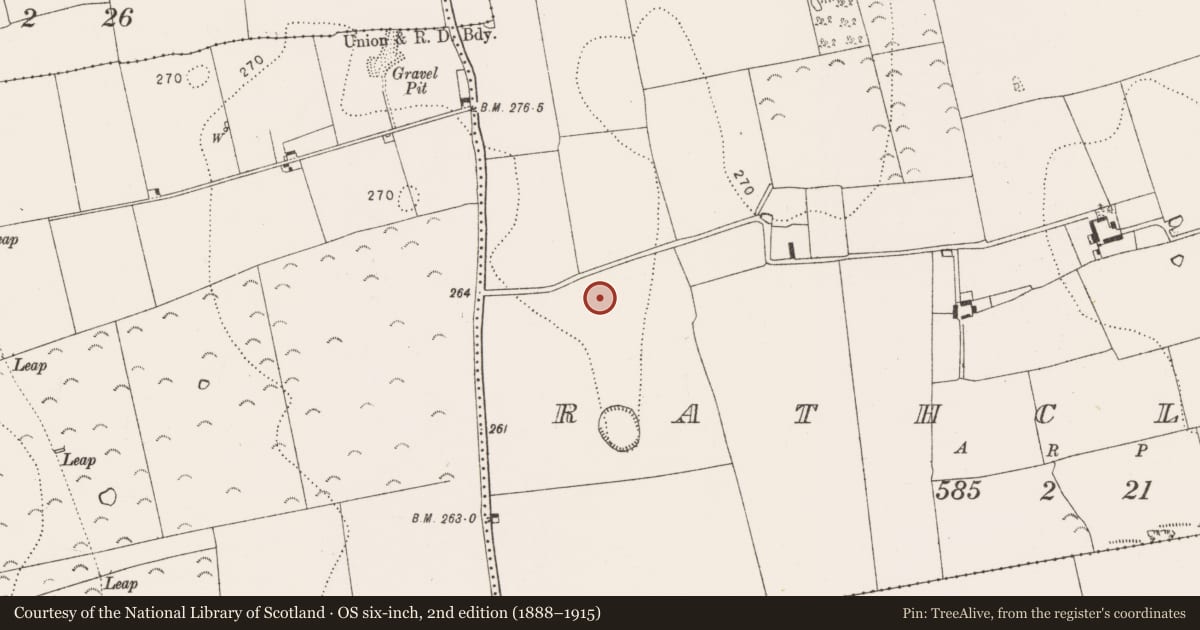Ordnance Survey six-inch map, 2nd edition (1888–1915) covering the location of Enclosure, Rathclogh, County Kilkenny, with a pin at the register's coordinates