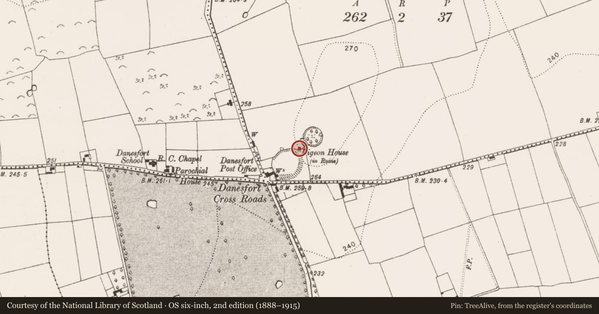 Ordnance Survey six-inch map, 2nd edition (1888–1915) covering the location of Dovecote, Pigeonpark, County Kilkenny, with a pin at the register's coordinates