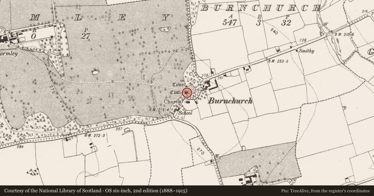 Ordnance Survey six-inch map, 2nd edition (1888–1915) covering the location of Castle - tower house, Farmley, County Kilkenny, with a pin at the register's coordinates