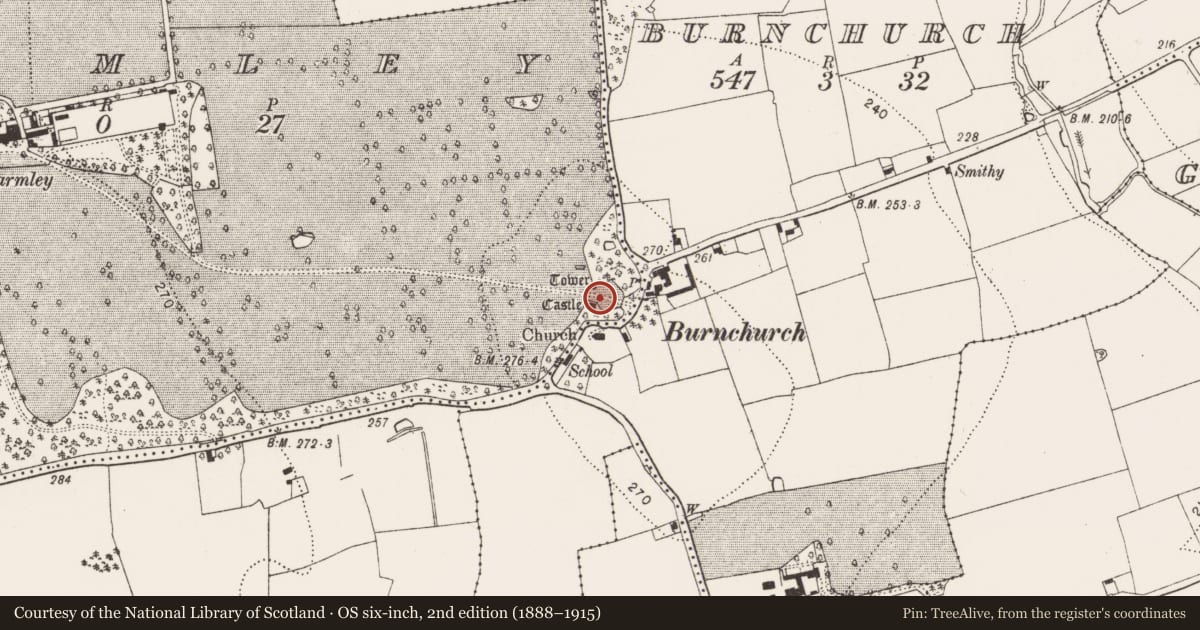 Ordnance Survey six-inch map, 2nd edition (1888–1915) covering the location of Bawn, Farmley, County Kilkenny, with a pin at the register's coordinates