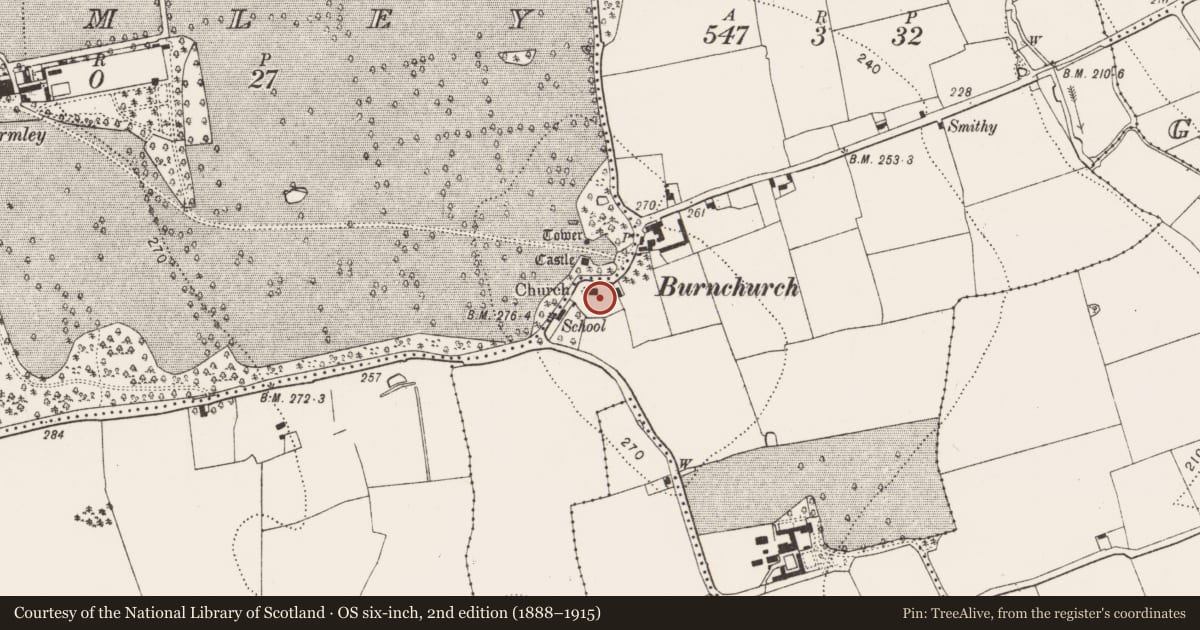 Ordnance Survey six-inch map, 2nd edition (1888–1915) covering the location of Church, Burnchurch, County Kilkenny, with a pin at the register's coordinates