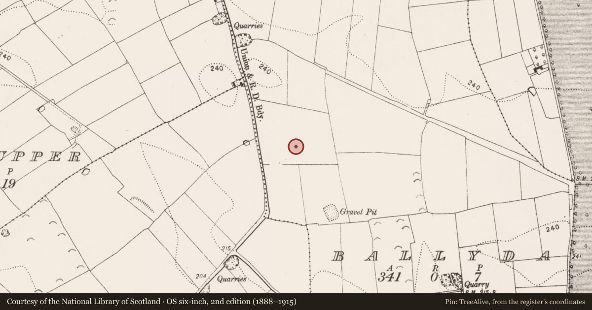 Ordnance Survey six-inch map, 2nd edition (1888–1915) covering the location of Enclosure, Ballyda, County Kilkenny, with a pin at the register's coordinates