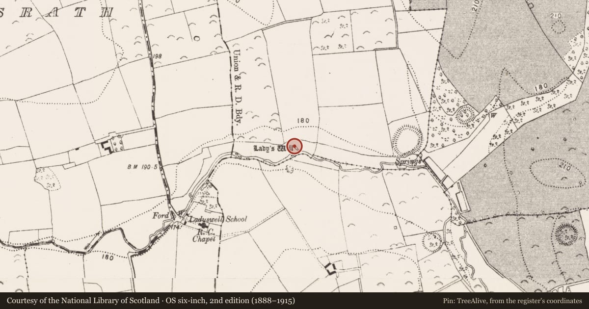 Ordnance Survey six-inch map, 2nd edition (1888–1915) covering the location of Ritual site - holy well, Ballyda, County Kilkenny, with a pin at the register's coordinates