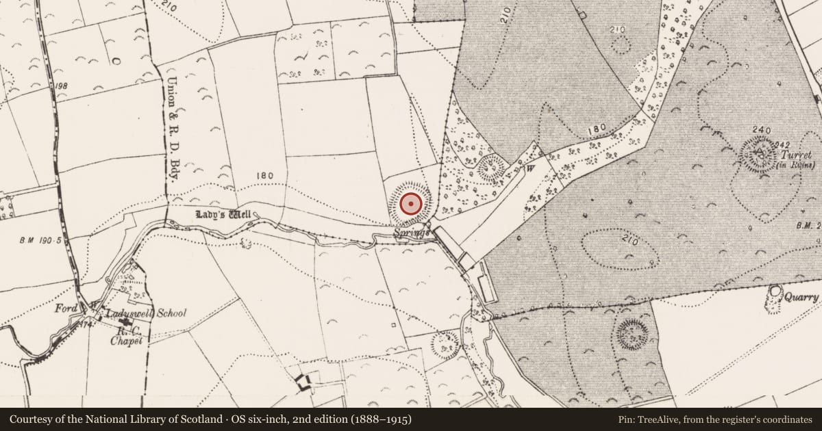 Ordnance Survey six-inch map, 2nd edition (1888–1915) covering the location of Enclosure - large enclosure, Ballyda, County Kilkenny, with a pin at the register's coordinates