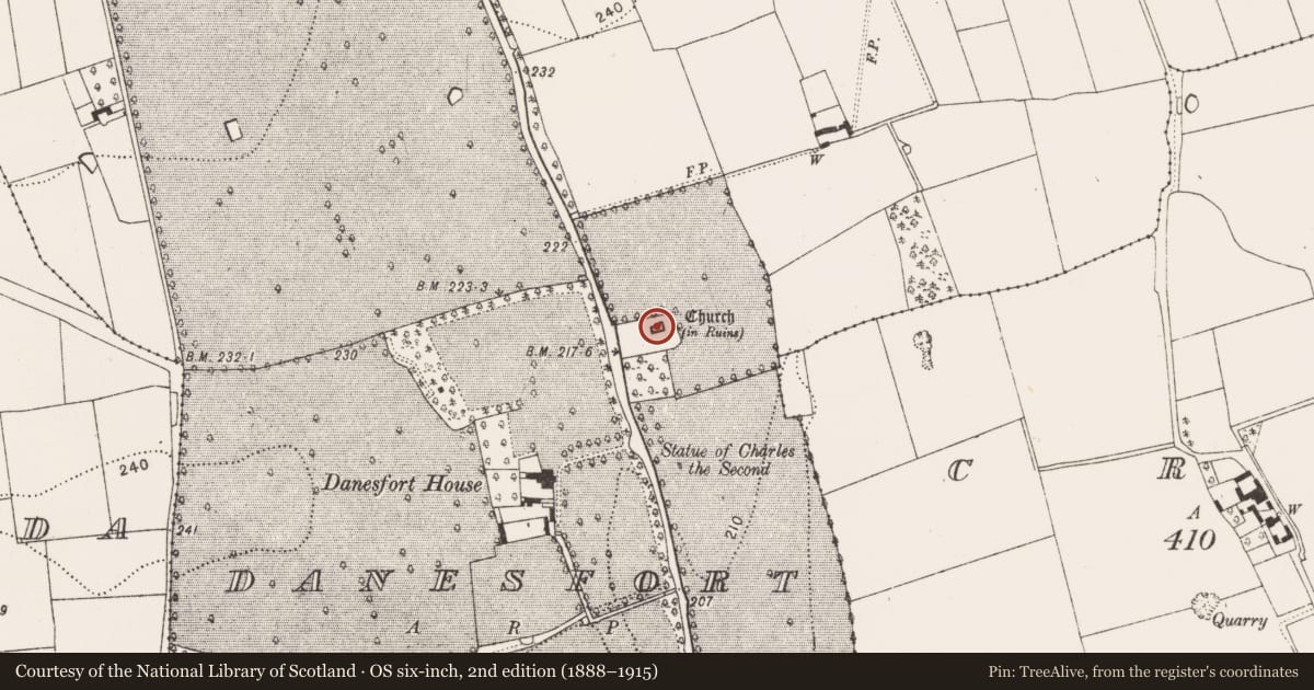 Ordnance Survey six-inch map, 2nd edition (1888–1915) covering the location of Church, Danesfort, County Kilkenny, with a pin at the register's coordinates