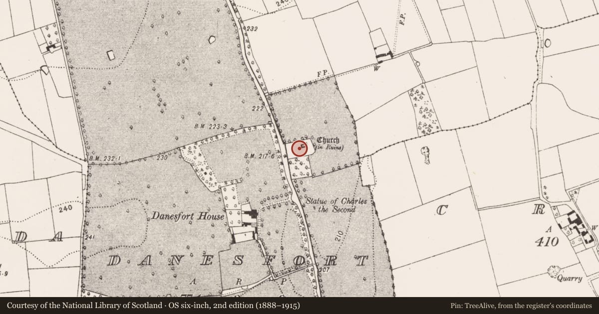 Ordnance Survey six-inch map, 2nd edition (1888–1915) covering the location of Graveyard, Danesfort, County Kilkenny, with a pin at the register's coordinates