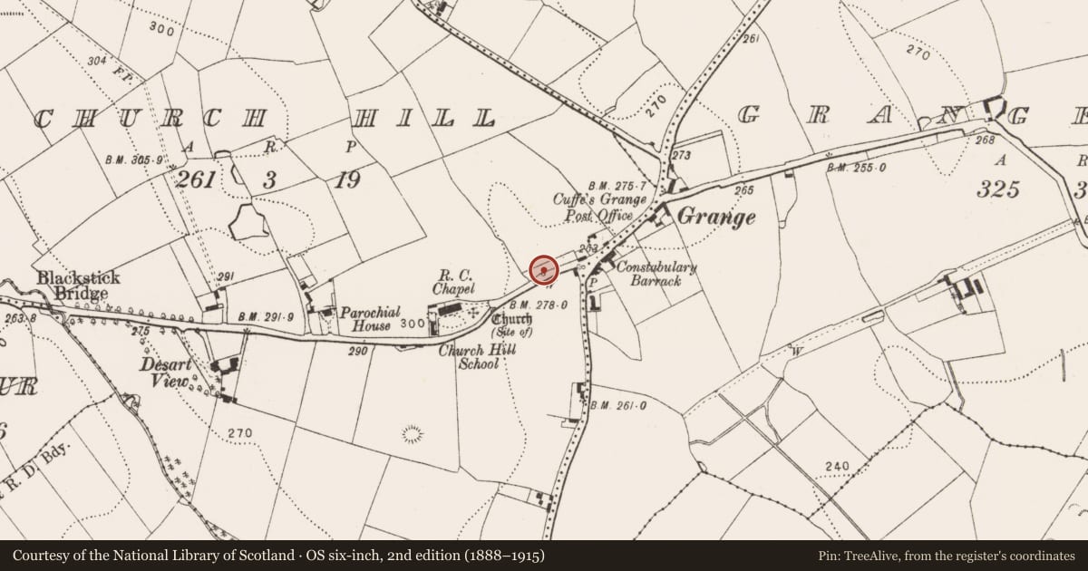 Ordnance Survey six-inch map, 2nd edition (1888–1915) covering the location of Ritual site - holy well, Church Hill, County Kilkenny, with a pin at the register's coordinates
