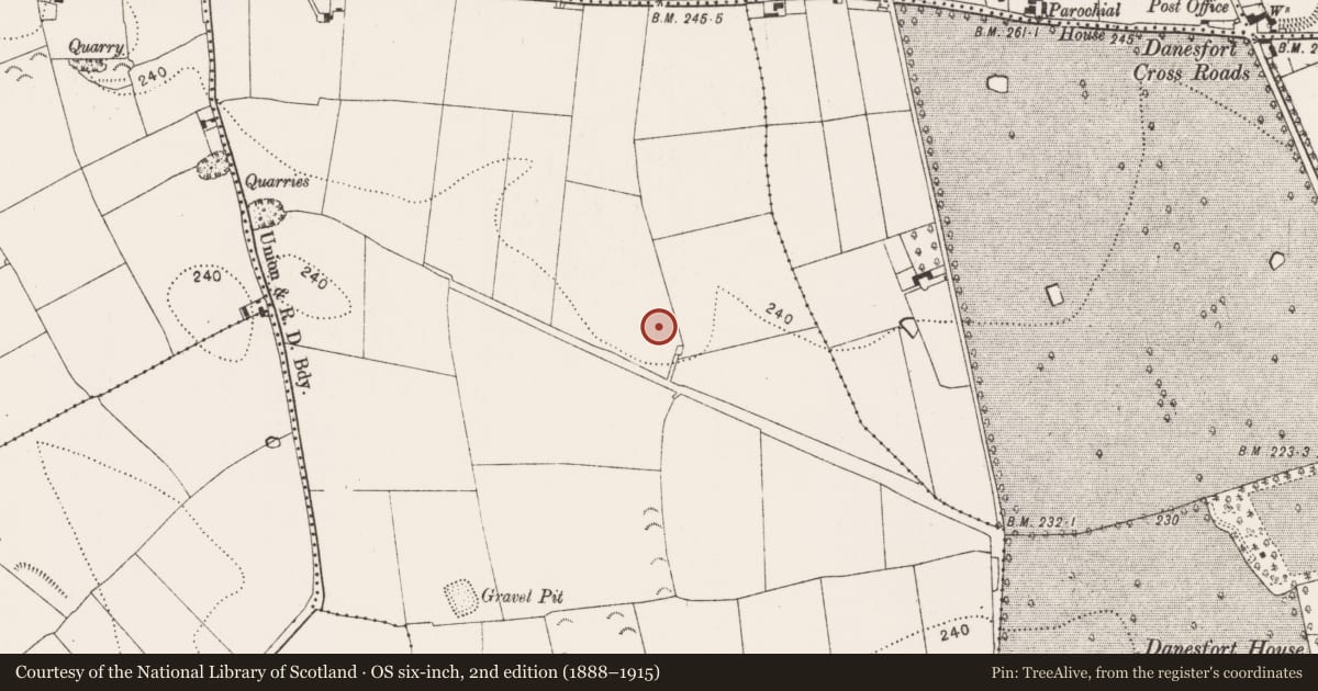 Ordnance Survey six-inch map, 2nd edition (1888–1915) covering the location of Ring-ditch, Ballyda, County Kilkenny, with a pin at the register's coordinates
