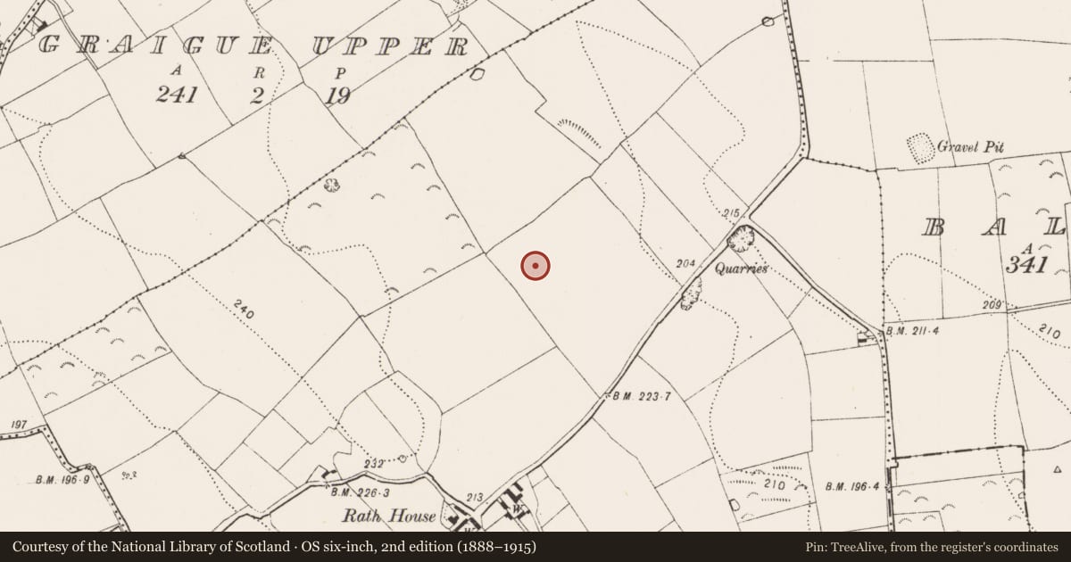 Ordnance Survey six-inch map, 2nd edition (1888–1915) covering the location of Ring-ditch, Cotterellsrath, County Kilkenny, with a pin at the register's coordinates