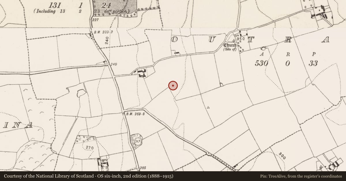 Ordnance Survey six-inch map, 2nd edition (1888–1915) covering the location of Burial, Outrath, County Kilkenny, with a pin at the register's coordinates