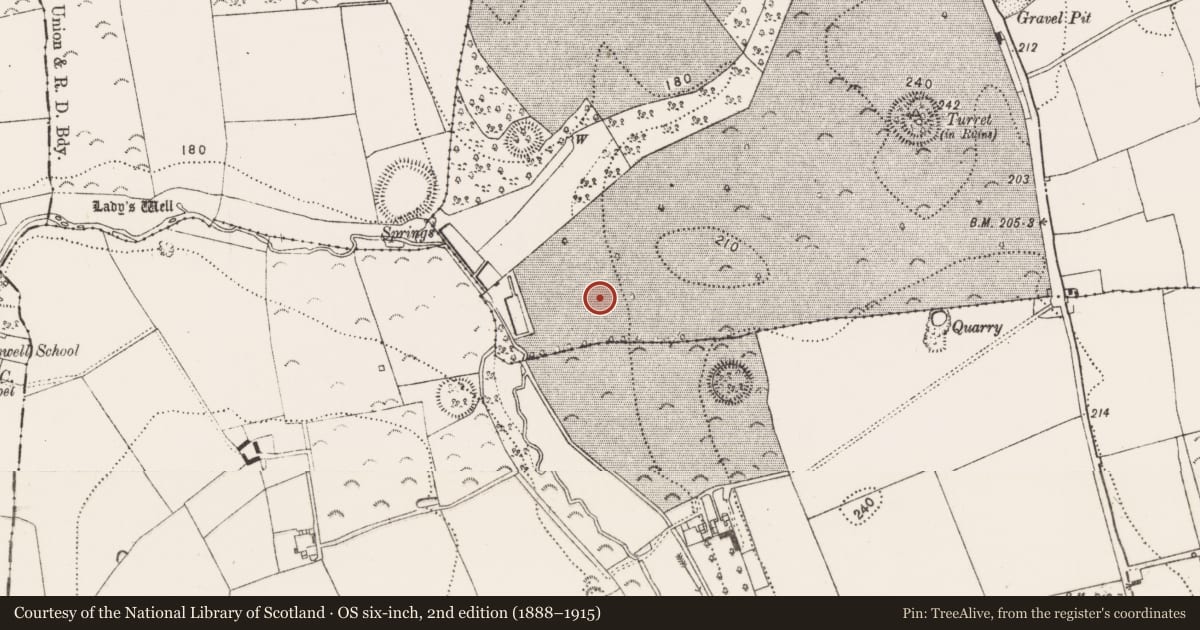 Ordnance Survey six-inch map, 2nd edition (1888–1915) covering the location of Flat cemetery, Danesfort, County Kilkenny, with a pin at the register's coordinates