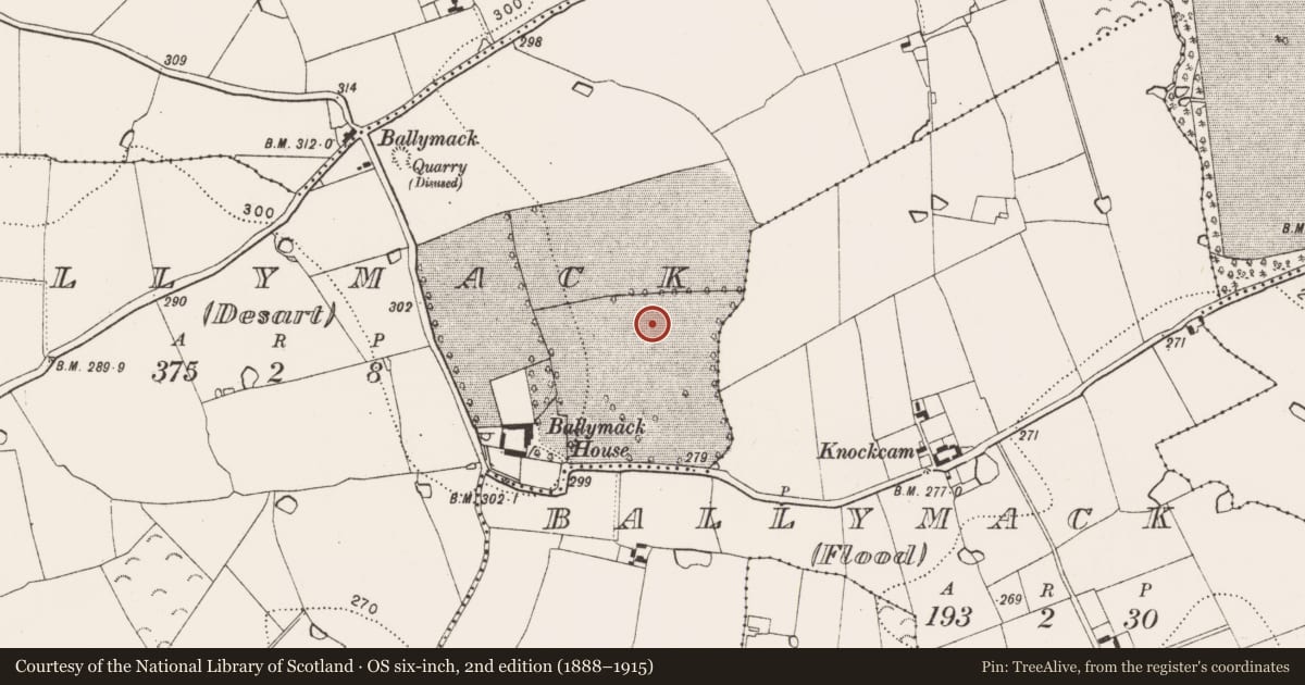 Ordnance Survey six-inch map, 2nd edition (1888–1915) covering the location of Enclosure, Ballymack (Desart), County Kilkenny, with a pin at the register's coordinates