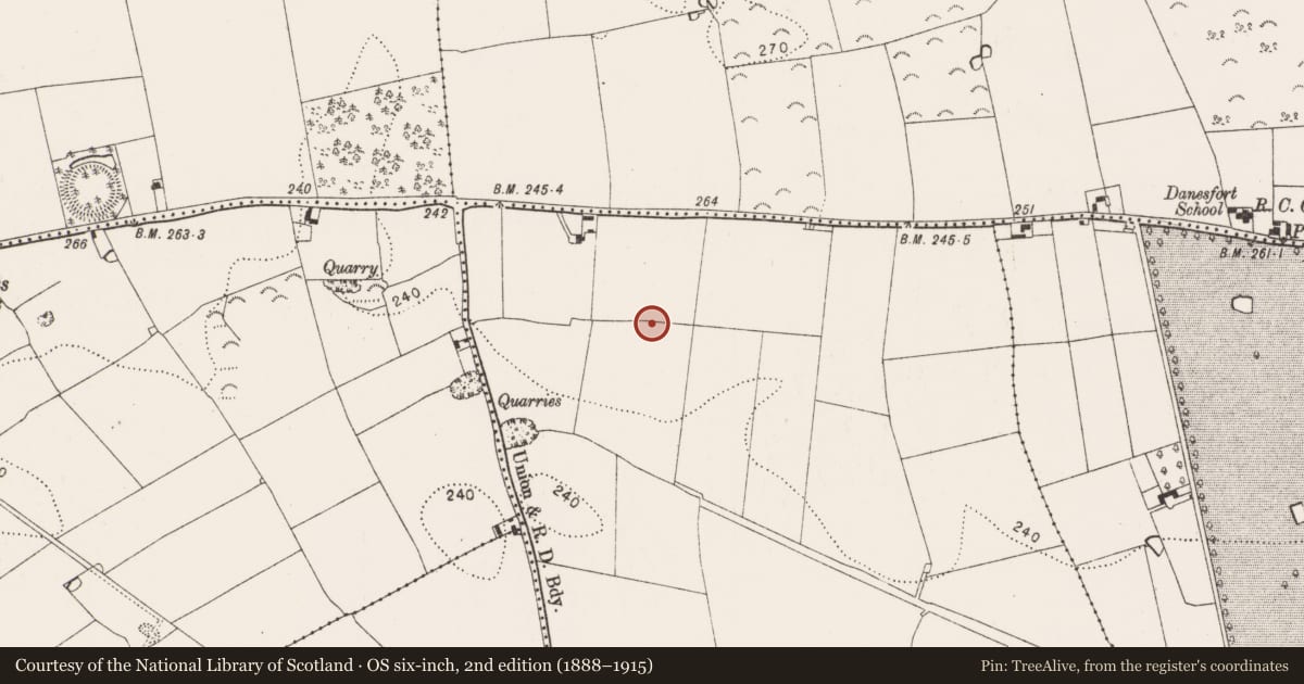 Ordnance Survey six-inch map, 2nd edition (1888–1915) covering the location of Ring-ditch, Ballyda, County Kilkenny, with a pin at the register's coordinates