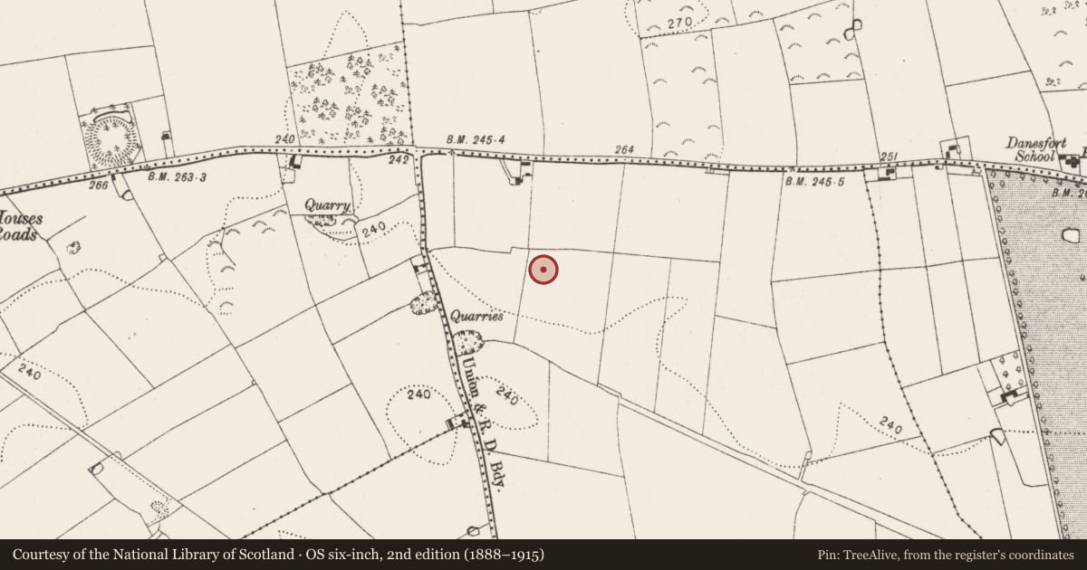 Ordnance Survey six-inch map, 2nd edition (1888–1915) covering the location of Ring-ditch, Ballyda, County Kilkenny, with a pin at the register's coordinates