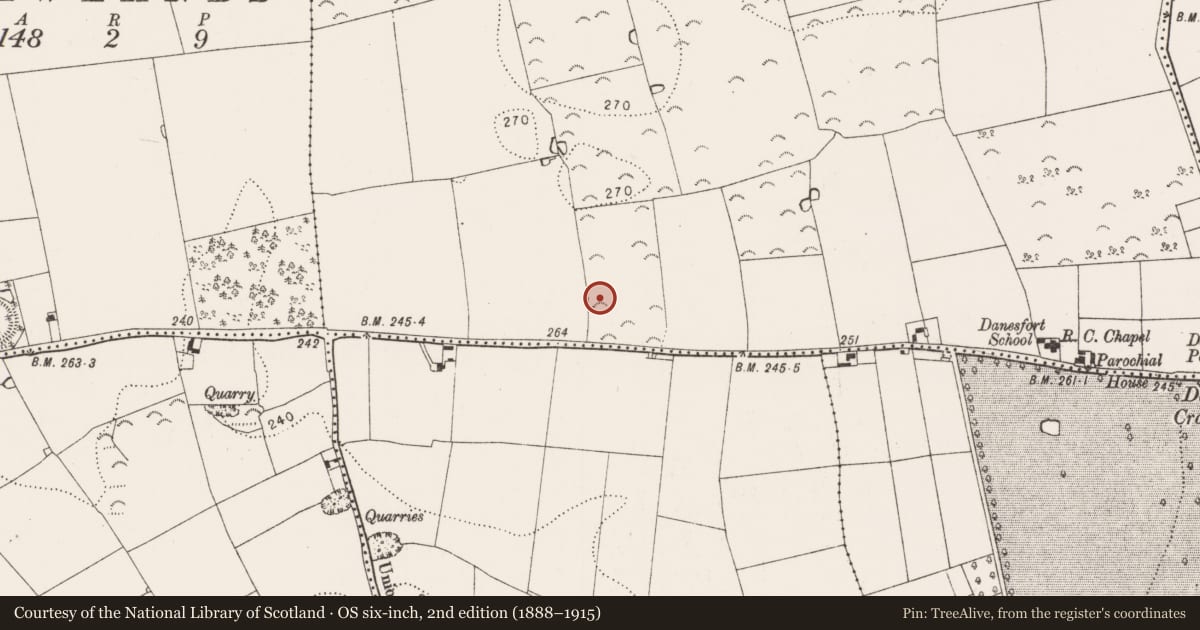 Ordnance Survey six-inch map, 2nd edition (1888–1915) covering the location of Ring-ditch, Dundaryark, County Kilkenny, with a pin at the register's coordinates