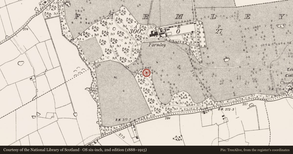 Ordnance Survey six-inch map, 2nd edition (1888–1915) covering the location of Enclosure, Farmley, County Kilkenny, with a pin at the register's coordinates