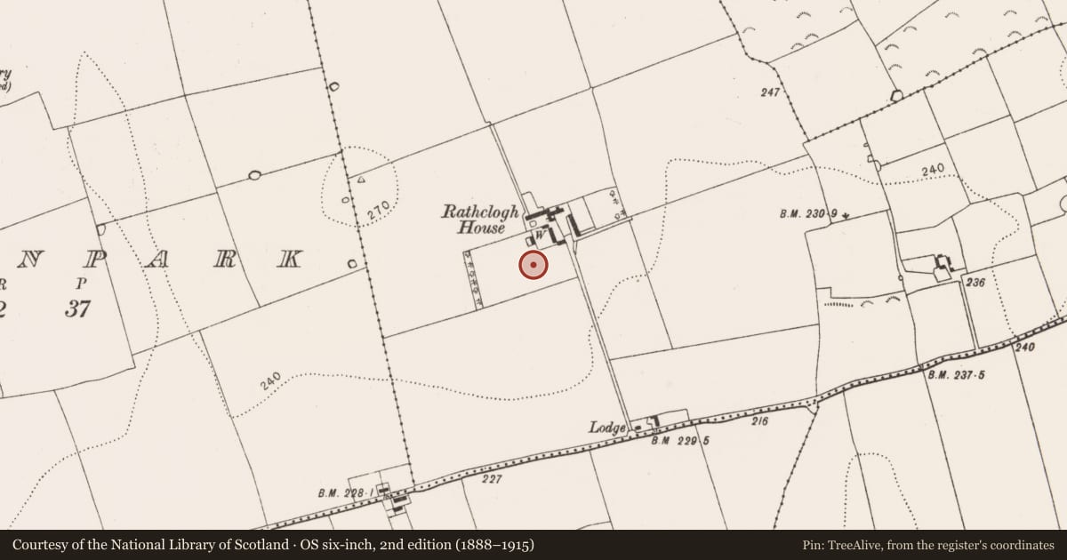 Ordnance Survey six-inch map, 2nd edition (1888–1915) covering the location of Enclosure, Rathclogh, County Kilkenny, with a pin at the register's coordinates
