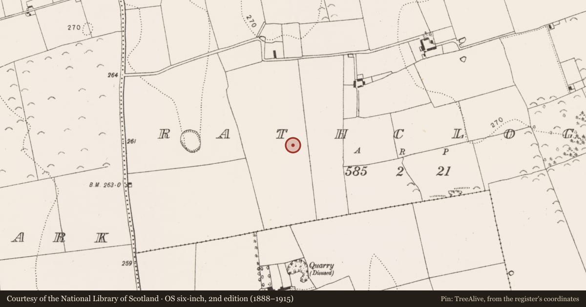 Ordnance Survey six-inch map, 2nd edition (1888–1915) covering the location of Enclosure, Rathclogh, County Kilkenny, with a pin at the register's coordinates