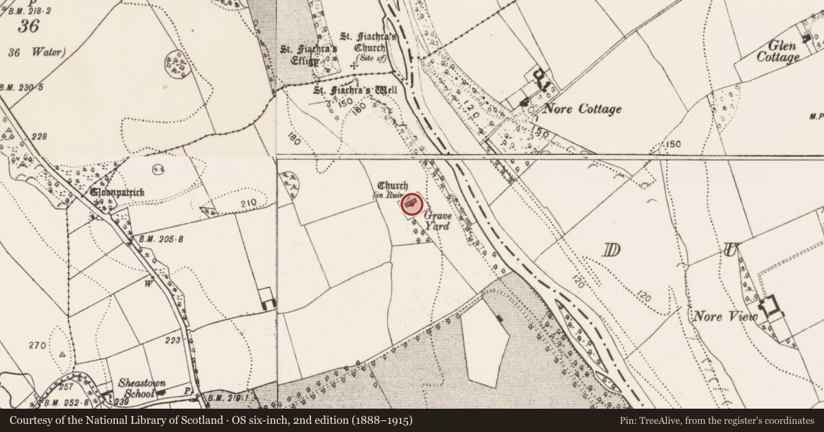 Ordnance Survey six-inch map, 2nd edition (1888–1915) covering the location of Graveyard, Sheastown, County Kilkenny, with a pin at the register's coordinates