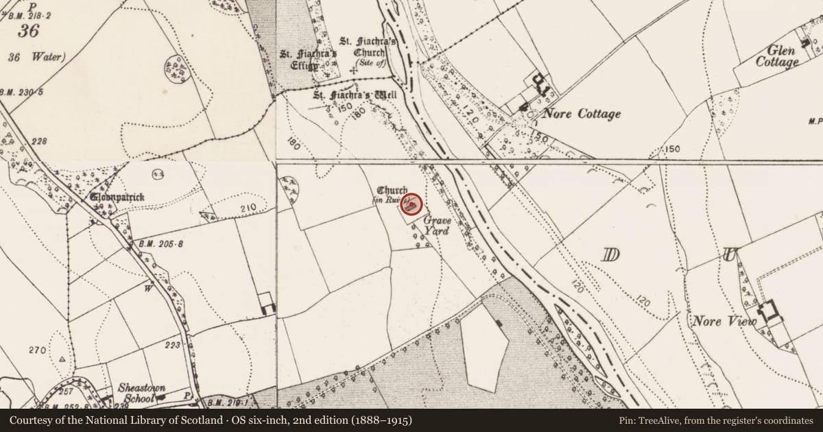 Ordnance Survey six-inch map, 2nd edition (1888–1915) covering the location of Graveslab, Sheastown, County Kilkenny, with a pin at the register's coordinates