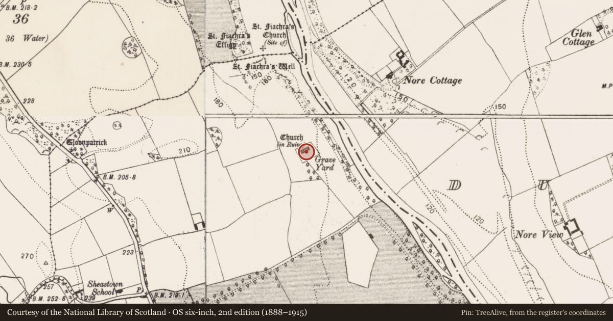 Ordnance Survey six-inch map, 2nd edition (1888–1915) covering the location of Memorial stone (present location), Sheastown, County Kilkenny, with a pin at the register's coordinates