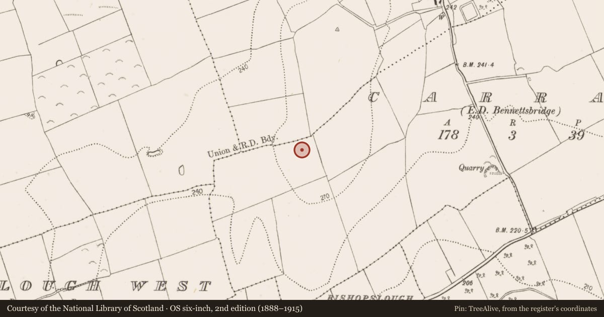 Ordnance Survey six-inch map, 2nd edition (1888–1915) covering the location of Enclosure, Carran, County Kilkenny, with a pin at the register's coordinates