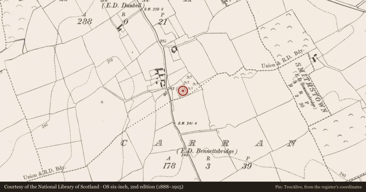 Ordnance Survey six-inch map, 2nd edition (1888–1915) covering the location of Moated site, Carran, County Kilkenny, with a pin at the register's coordinates